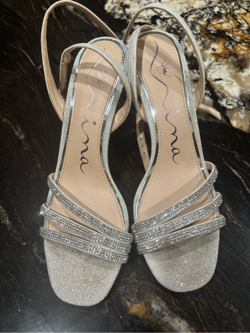 Nina Silver Glitter Rhinestone Slingback Heels
